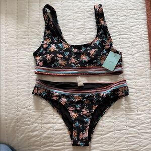 NWT Cupshe Black Floral Bikini with Striped Accents